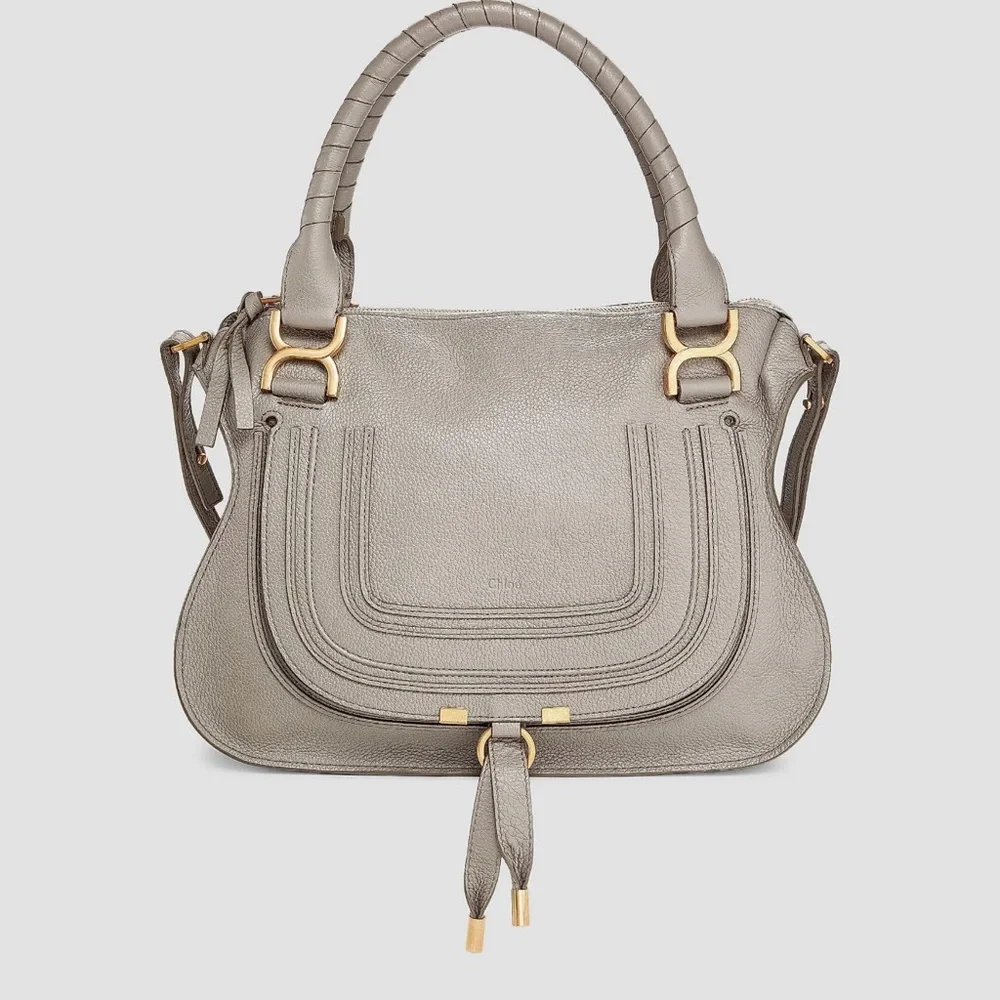 Chloe Grey-Taupe Leather Shoulder Bag with Gold Hardware